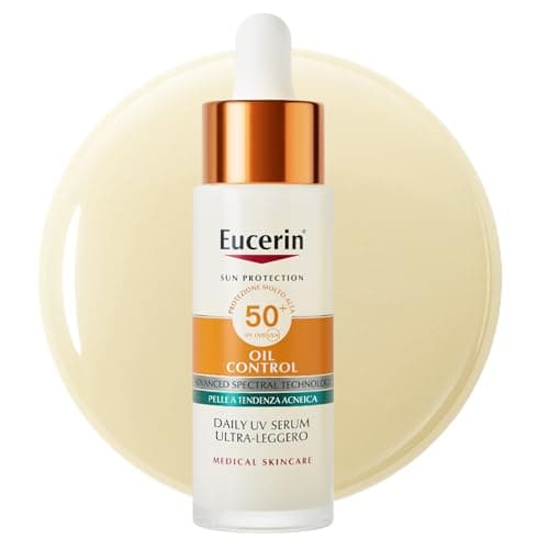 Eucerin Oil Control Daily UV Serum Ultra-Leggero SPF 50+ 50 ml, Protezione solare viso 50+ opacizzante, Siero viso Vitamina C & E per pelle grassa e acneica, Senza profumo, Non comedogenico