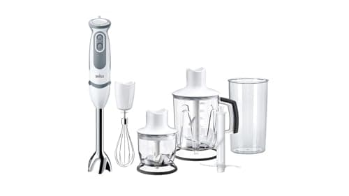 Braun MQ5245WH Minipimer con 5 ANNI DI ASSISTENZA, Frullatore ad immersione, 1000W, 4 accessori, 21 velocità di lavorazione, antischizzo, bianco/grigio