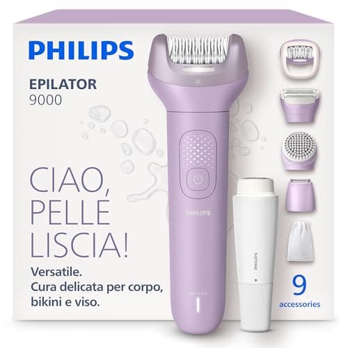 Philips Epilatore Serie 9000 - Epilatore elettrico Wet & Dry senza fili, per corpo, viso e zona bikini, con ProGuide, 9 accessori, autonomia di 60 minuti, modello BRE729/00