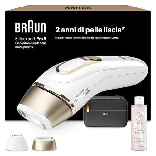 Braun Silk·expert Pro 5 Epilatore Luce Pulsata, Epilazione A Casa, Alternativa All’Epilazione Laser, Con Custodia, 2 Testine, Idea Regalo, Bianco/Oro, PL5140
