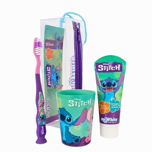 Disney Stitch - Set di spazzolini da denti per bambini, con setole morbide, ventosa e tappo protettivo, dentifricio alla menta e bicchiere multiuso, kit per l'igiene orale da viaggio per bambini dai 3
