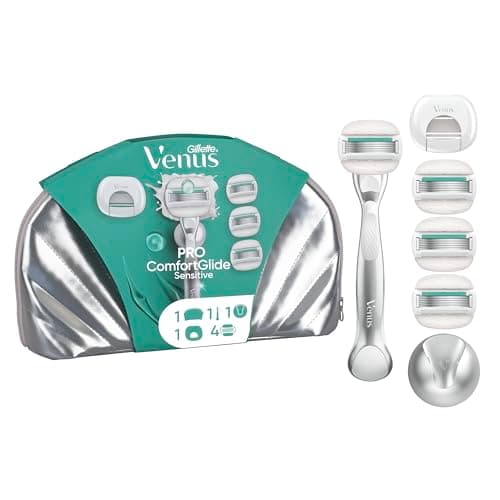 Gillette Venus Pro ComfortGlide Sensitive Rasoio Da Donna Con Un Tocco Di Aloe, 4 Lamette da Donna Di Ricambio Gillette Venus, Manico In Metallo Riutilizzabile E Gancio Per Doccia