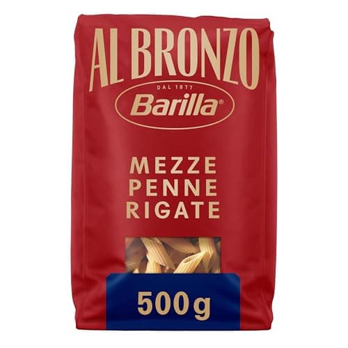 Barilla Pasta Al Bronzo Mezze Penne Rigate 100% Grano Italiano, Pasta Trafilata Al Bronzo con Lavorazione al Bronzo Grezzo, Formato Spesso e Corposo, Alta Tenuta di Sugo e Cottura, 500 g