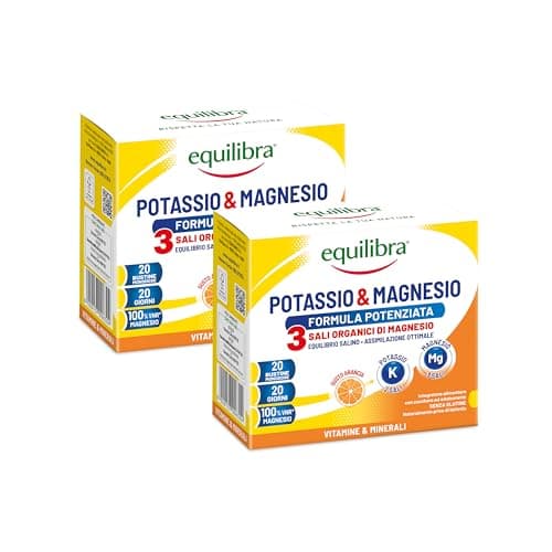 Equilibra Integratori Alimentari, Potassio e Magnesio 3 Formula Potenziata, Integratore Magnesio e Potassio per Reintegro Sali Minerali, Gusto Arancia, Senza Glutine e Senza Lattosio, 40 Bustine