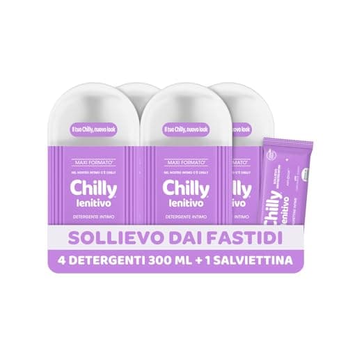 Chilly, Detergente Intimo Lenitivo, Sollievo dai piccoli fastidi intimi, con Anti-Odor, Per L'Igiene Intima, con Bisabololo dalle proprietà Dermocalmanti, pH 5, Clinicamente Testato, 4 Pezzi da 300 ml