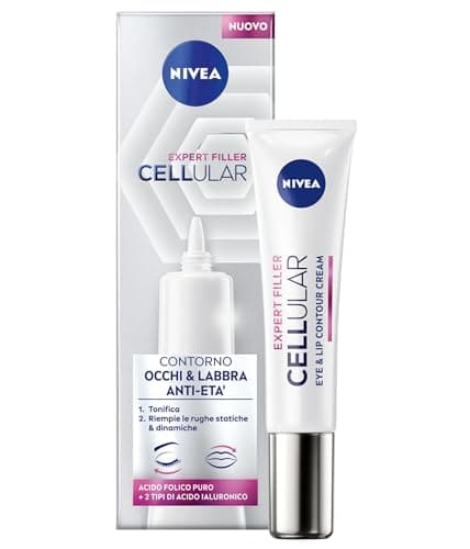NIVEA CELLULAR EXPERT FILLER Contorno Occhi & Labbra Anti-Età 15ml, Crema contorno occhi e labbra rassodante, Contorno occhi antirughe e filler labbra con Acido Ialuronico e Acido Folico Puro