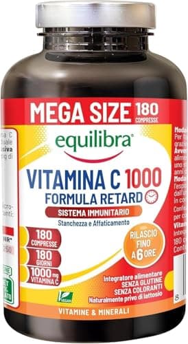 Equilibra Vitamina C Altodosata 1000 mg, Rilascio Prolungato Fino a 6 Ore, Vegan, 180 compresse, Scorta 6 Mesi, per la Normale Funzione del Sistema Immunitario, Senza Glutine, Privo di Lattosio
