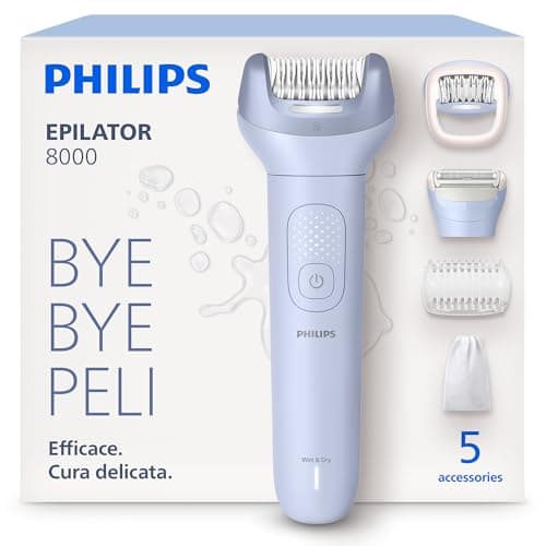 Philips Epilatore Serie 8000 - Epilatore elettrico Wet & Dry senza fili, per gambe e corpo, con ProGuide, 5 accessori, autonomia di 60 minuti, modello BRE709/00