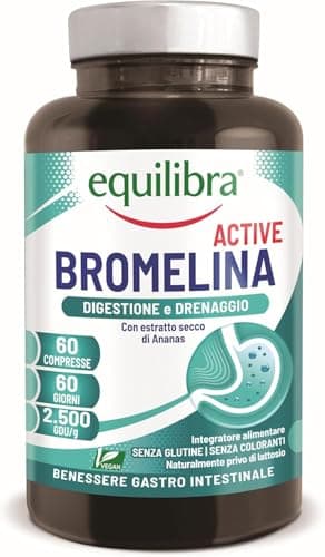 Equilibra, Bromelina Active, 500 mg | 2500 GDU/g, 60 Compresse Vegan per 2 Mesi, Bromelina Forte, Funzione Digestiva e Drenante, Contrasta la Sensazione di Pesantezza delle Gambe