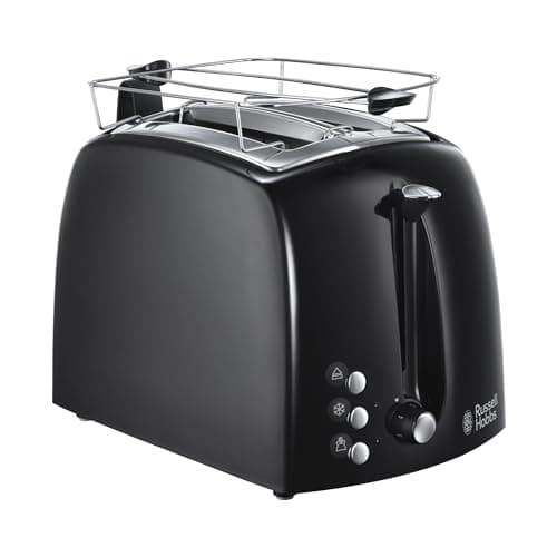 Russell Hobbs Tostapane, 2 Fette, 850 W, Griglia Integrata Scaldapanini, Toast, Scaldabrioche, Funzione Scongelamento, Raccoglibriociole, Temperatura Regolabile, Textureplus+, 22601-56, Nero