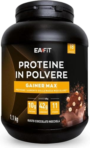 MASS GAINER EAFIT GAINER MAX 1,1 kg, Proteine in Polvere, Gusto Cioccolato Nocciola, Whey + Albume d'Uovo, Protein, Aumento Massa Muscolare, Proteine, Carboidrati, Alto Contenuto Calorico, 18 Porzioni