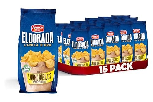 AMICA Chips | Eldorada Patatine Gusto Limone e Basilico, Lenta Cottura, Taglio Spesso e Croccante, Senza Glutine, 15 Pezzi x 130 gr