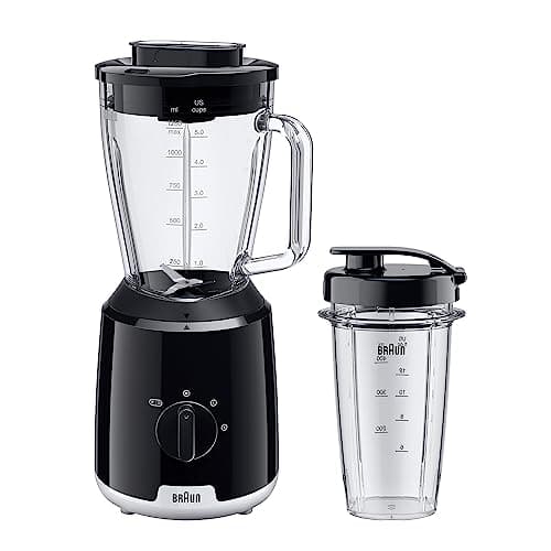 Braun PowerBlend 1 JB1051BK, Frullatore da Tavolo con Bicchiere Smoothie2Go, Frullatore con caraffa di Vetro Triangolare, 2 Velocità, Funzione Tritaghiaccio, 600W, Nero
