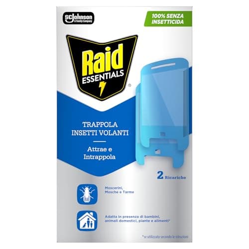 Raid Essentials Trappola Insetti Volanti Doppia Ricarica Antimosche, Antimoscerini e Antitarme, Senza Insetticida, Protezione 24/7 dagli Insetti Volanti, per uso Interno, Confezione da 2 Ricariche
