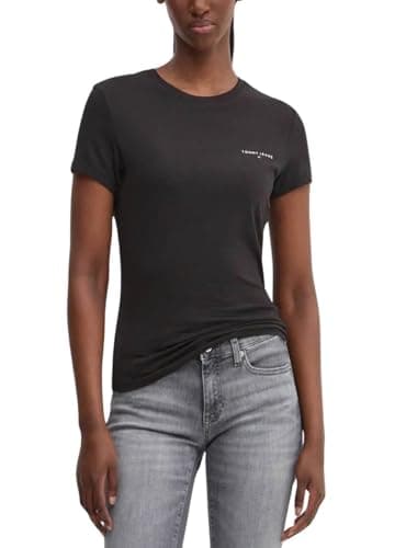 Tommy Jeans Donna T-shirt Maniche Corte Slim Fit Linear Scollo Rotondo, Nero (Black), XXS
