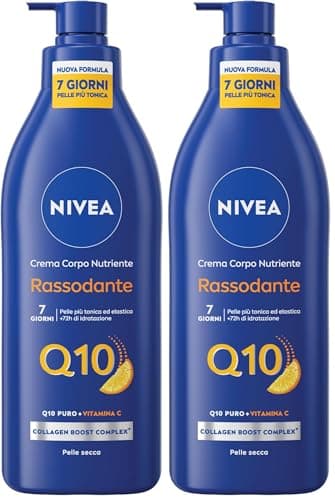 NIVEA Q10 Crema Corpo Nutriente Rassodante 400 ml, Crema rassodante corpo con Coenzima Q10 Puro e Vitamina C, Crema corpo idratante pelle secca 72h per una pelle più tonica ed elastica