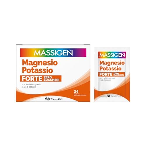 Massigen - Magnesio e Potassio Forte Zero Zuccheri, Gusto Arancia Rossa, Integratore con 5 Sali di Magnesio e 3 Sali di Potassio, 24 Bustine da 8 g