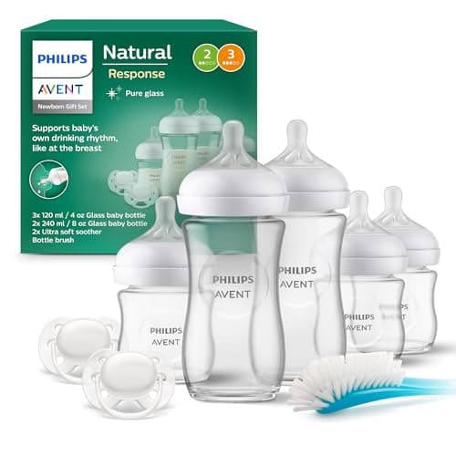 Philips Avent Natural Response set regalo in vetro con 3 biberon da 120 ml e 2 da 240 ml, 2 ciucci Philips Avent ultra soft 0-6 mesi, spazzola per biberon, senza BPA (modello SCD879/11)