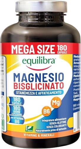 Equilibra Magnesio Bisglicinato, 180 Capsule, 250mg, con Vitamina B6, Scorta 6 Mesi, Vegan, Integratore Stanchezza e Affaticamento, Sistema Nervoso e Funzione Muscolare, Senza Glutine
