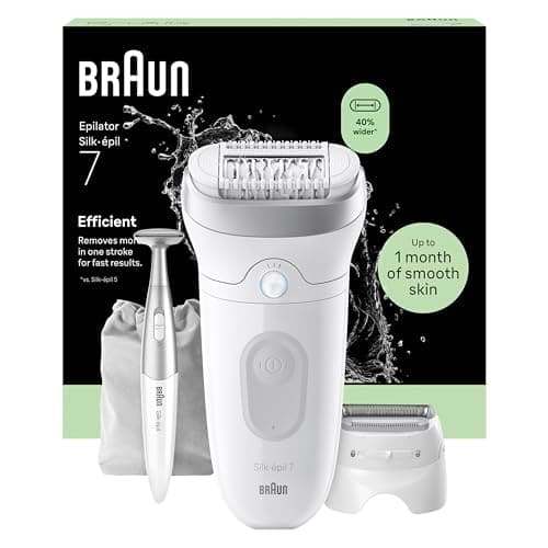 Braun Silk Epil 7 Epilatore Elettrico Donna Con Testina Ampia Per Una Facile Rimozione Dei Peli, Wet&Dry, Pelle Liscia, Include Testina Radente, Cappuccio Regolatore E Rifinitore Bikini, 7-241,Argento