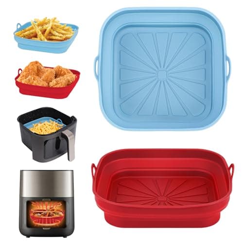 Alyvisun Teglie per Friggitrice ad Aria, 2 Pezzi Teglia in Silicone per Air Fryer Contenitori Cestello Riutilizzabile Quadrato Tappetino Stampi Per Airfryer, Microonde, Forno (Rosso+Azzurro)