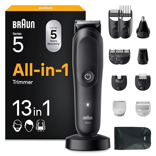 Braun Rifinitore All-in-One Series 5, Rasoio Elettrico Barba E Capelli 13In1, Taglia Peli Naso E Orecchie, Macchinetta Per Capelli, Lama ProBlade, Tecnologia AutoSense, Wet&Dry, AIO5565, Nero