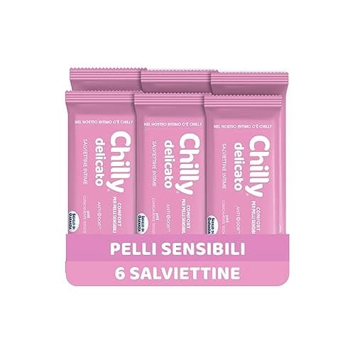 Chilly Salviettine Delicate, Salviette per l'Igiene Intima, Azione Delicata, Tessuto 100 % Biodegradabile, Ottimi Fuori Casa, PH 5 Delicato, Clinicamente Testato, Confezione da 6 Pezzi