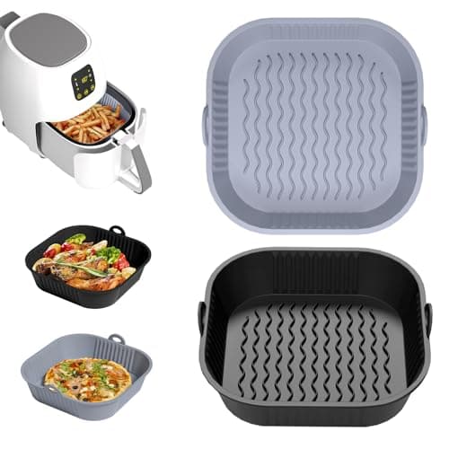 Diboniur Teglia per Friggitrice ad Aria 5-8L, 2 Pezzi Silicone Contenitori per Friggitrice ad Aria, Riutilizzabile Quadrato Tappetino Stampi in Silicone per Airfryer, Microonde, Forno (Nero e Grigio)