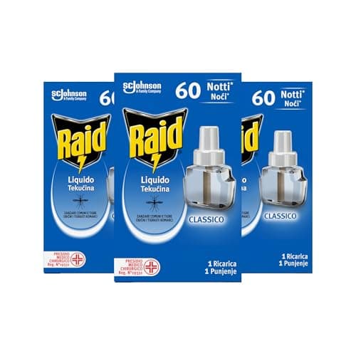 Raid Liquido Elettrico tripla ricarica, efficace contro Zanzare Tigre e Zanzare Comuni 60 Notti, 3 Confezioni da 36 ml