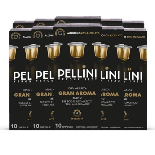Pellini Gran Aroma 100% Arabica, 100 Capsule in Alluminio Compatibili Nespresso, Caffè 100% Arabica delicato con Note Floreali e di Amaretto, 10 Confezioni da 10 Capsule