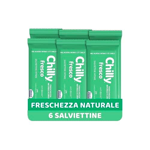 Chilly, Salviettine Fresco, Salviette Igiene Intima, Azione Protettiva con Mentolo Naturale, per Uso Quotidiano, Clinicamente Testato, pH 5 - Confezione da 6 Pezzi