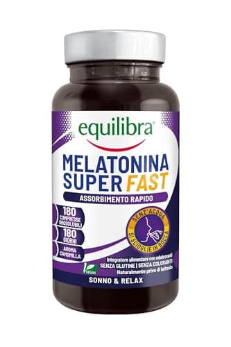 Equilibra Integratori Alimentari, Melatonina Super Fast, per Ridurre il Tempo per Prendere Sonno, con Assorbimento Rapido, Senza Bisogno di Acqua, Aroma Camomilla, Vegan, 180 Compresse Orosolubili