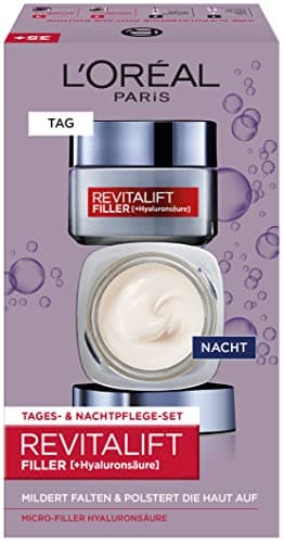 L'Oréal Paris Set per la cura del viso, anti-invecchiamento ialuronico, cura diurna e notte contro le rughe, con acido ialuronico micro filler, Revitalift Filler, 2 x 50 ml