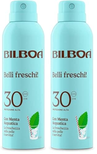 Bilboa Belli Freschi Protezione Solare SPF 30+,con Menta Acquatica, La Freschezza sulla Pelle è Servita, Resistente all'Acqua, Dermatologicamente Testata, 150 ml (Confezione da 2)