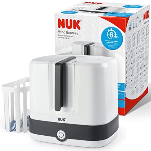 NUK Vario Express sterilizzatore biberon | Sterilizza a vapore fino a 6 biberon e accessori in 6 minuti | Spegnimento automatico | Cestello e astine removibili | Spina europea a 2 poli