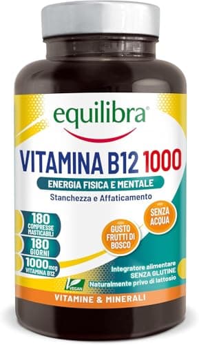 Equilibra, Vitamina B12, Alto Dosaggio 1000 mcg per dose, 180 Compresse Masticabili, Vegan, Gusto Frutti di Bosco, Riduzione di Stanchezza e Affaticamento, Normale Metabolismo Energetico