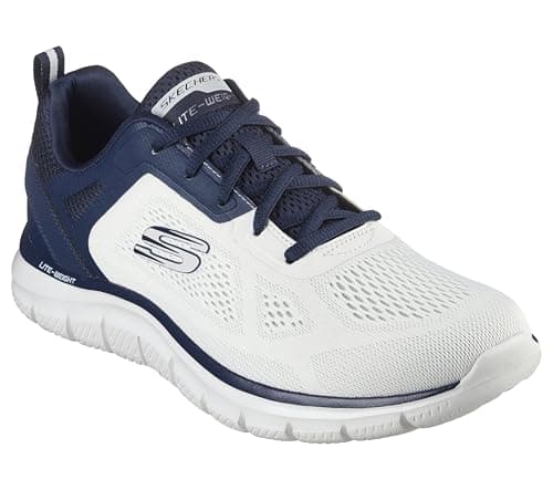Skechers Traccia più Ampia, Sneaker Uomo, Finiture Blu Navy in Maglia di Poliuretano con Ingegnerizzazione Bianco Sporco, 45 EU