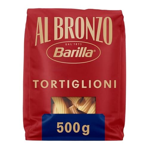Barilla Pasta Al Bronzo Tortiglioni 100% Grano Italiano, Pasta Trafilata Al Bronzo con Lavorazione al Bronzo Grezzo, Ruvidità Intensa, Formato Spesso e Corposo, Alta Tenuta di Sugo e Cottura, 500 g