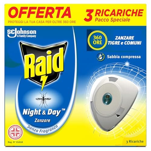 Raid Night & Day Ricarica, Antizanzare e Repellente Zanzare Inodore a Sabbia Compressa, Confezione da 3 Ricariche, Senza Profumo