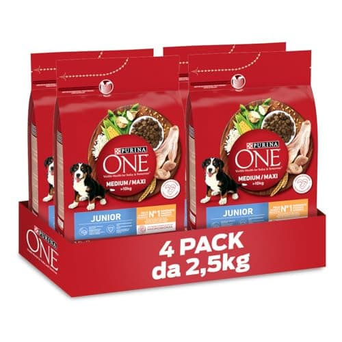 Purina One Medium/Maxi > 10 kg Junior Crocchette Cane Pollo con Riso, 4 Confezioni da 2,5 kg
