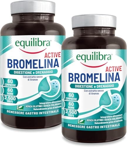 Equilibra, Bromelina Active, 500 mg | 2500 GDU/g, 120 Compresse Vegan per 4 Mesi, Bromelina Forte, Funzione Digestiva e Drenante, Contrasta la Sensazione di Pesantezza delle Gambe