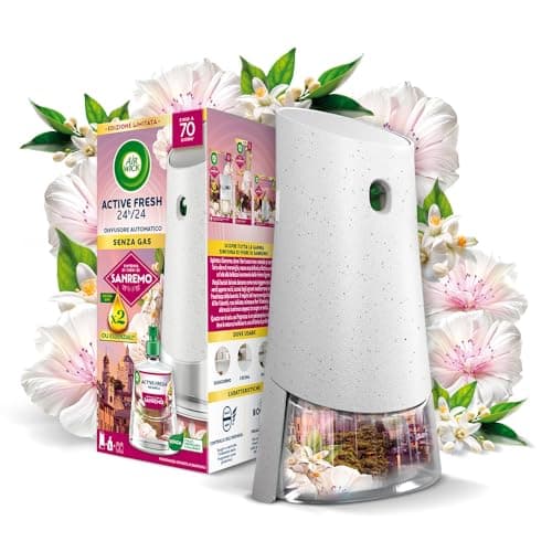 Air Wick Active Fresh Deodorante per Ambienti, Confezione con 1 Diffusore Automatico senza gas, 1 Ricarica alla Fragranza Sinfonia di Fiori di Sanremo con Oli Essenziali 228ml, 2 Pile AA