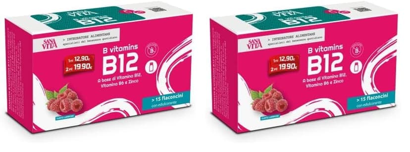 Sanavita B12 Integratore alimentare con B12, B6 e Zinco - 15 flaconcini liquidi per confezione Gusto lampone (Confezione da 2)