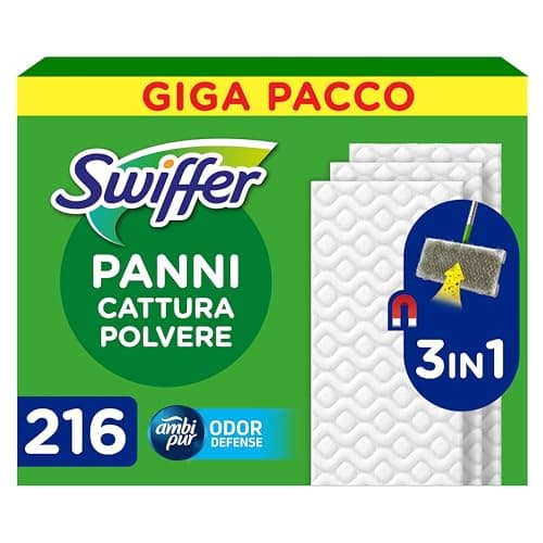 Swiffer Panni Cattura Polvere, 216 Panni Microfibra Dry, Cattura Polvere e Sporco, Ottimo per Tutti i Tipi di Pavimenti e per i Peli di Animali, Giga Formato