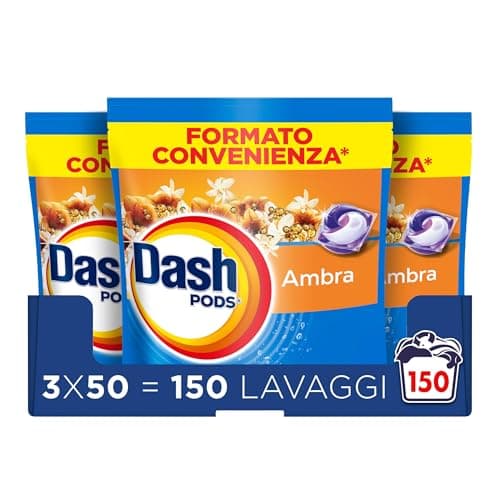 Dash Pods Detersivo In Capsule, 3x50 Lavaggi, Ambra, Rimuove le Macchie, Igienizza, Dona Freschezza, Brillantezza Per I Capi