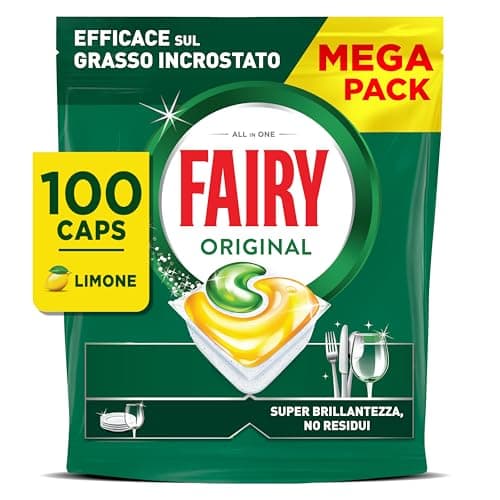 Fairy Original Pastiglie Lavastoviglie, 100 Capsule, Limone, Detersivo Con Azione Pulente Al Primo Lavaggio, Efficace Sul Grasso Incrostato Con Azione Brillante
