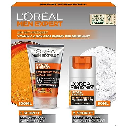 L'Oréal Men Expert Kit per la cura contro la pelle stanca per uomini, set regalo con gel detergente e crema viso 24H anti fatica, regali per uomo con vitamina C, Hydra Energy, 1 x 100 ml, 1 x 50 ml