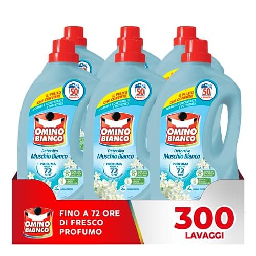 Omino Bianco - Detersivo Lavatrice Liquido, 300 Lavaggi, Rispetta Colori e Tessuti, Fresco Profumo con Essenza di Muschio Bianco, 2000 ml x 6 Confezioni