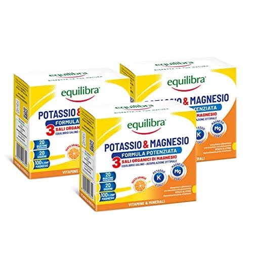 Equilibra Integratori Alimentari, Potassio e Magnesio 3 Formula Potenziata, Integratore Magnesio e Potassio per Reintegro Sali Minerali, Gusto Arancia, Senza Glutine e Lattosio, 3 Pezzi da 20 Bustine
