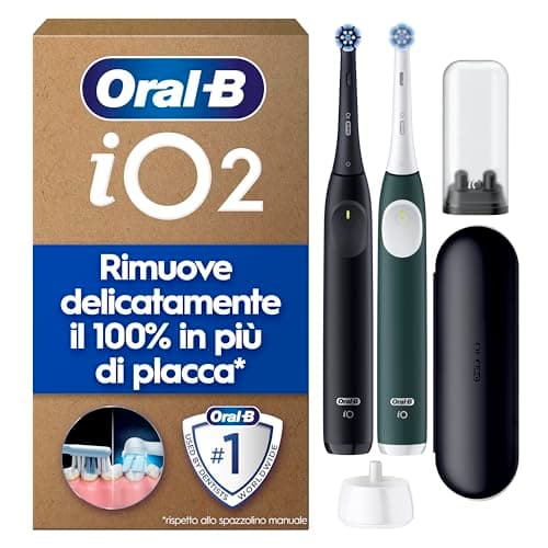 Oral-B iO 2 DUO Spazzolino Elettrico Oral B, Nero e Verde, 2 Testine Di Ricambio e Spazzolini, Custodia Da Viaggio, Porta Ricarica Da Viaggio. Delicato sulle Gengive, Sensore di Pressione
